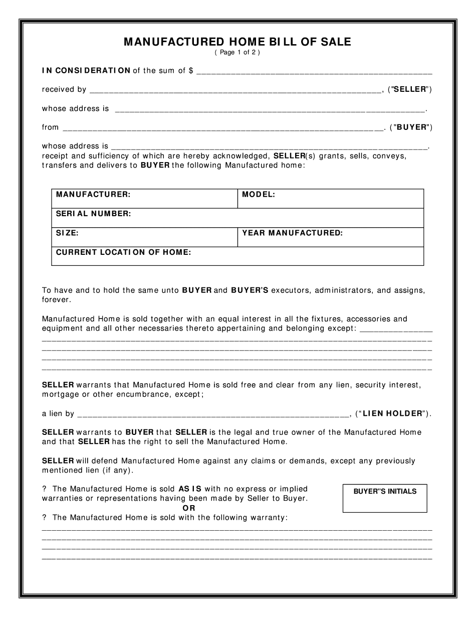 Mobile Home Bill Of Sale Form
