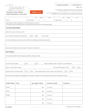 Pediatric New Patient Questionnaire