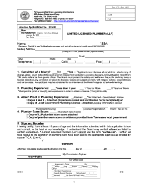 Tennessee Limited Licensed Plumber Application