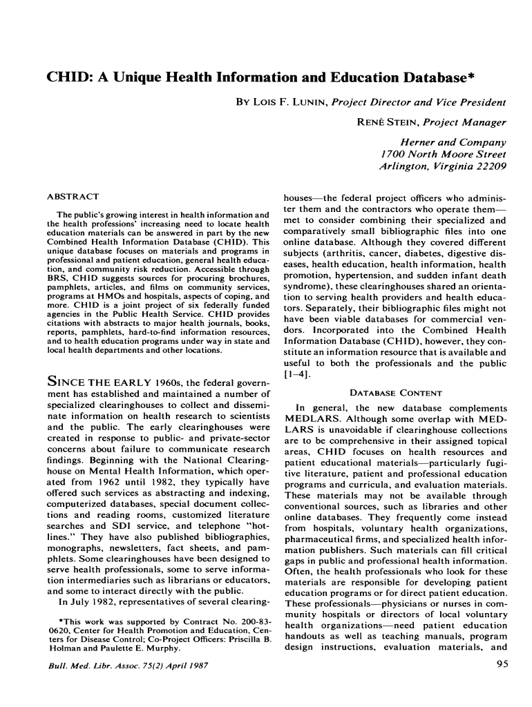 CHID: A Unique Health Information and Education Database* - ncbi nlm nih Preview on Page 1