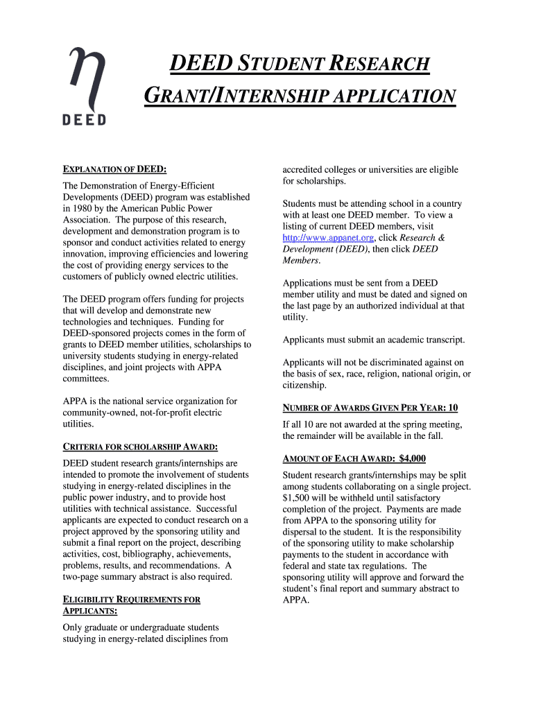 DEED STUDENT RESEARCH GRANT INTERNSHIP APPLICATION - publicpower Preview on Page 1