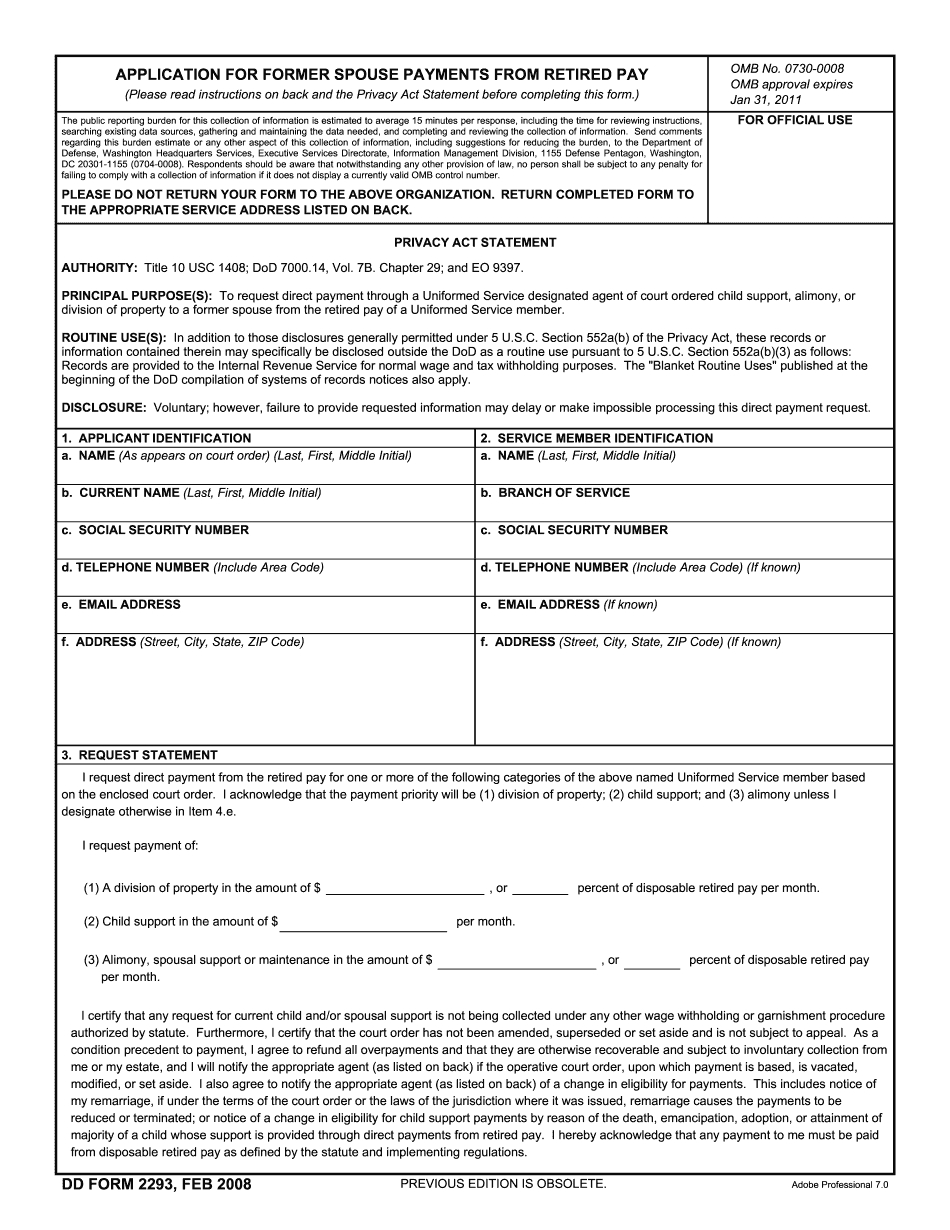 D D Form 22 93, Application For Former Spouse Payments From