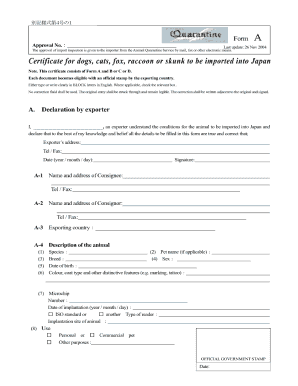 certificate for dogs cats foxes raccoons or skunks to be imported into japan from non designated region