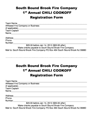 Fillable Online South Bound Brook Fire Department Chili Cook Off Form Fax Email Print Pdffiller