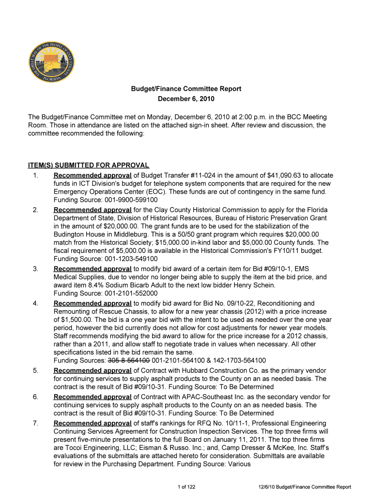 Budget Finance Committee Report December 6, 2010 The Budget - myclay Preview on Page 1