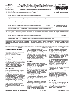 Form 5578 (Rev. April 2009). Annual Certificate of Racial Nondiscrimination for a Private School Exempt From Federal Income Tax