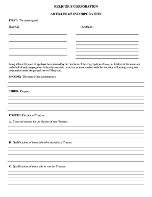 Certificate of incorporation for a religious corporations law form