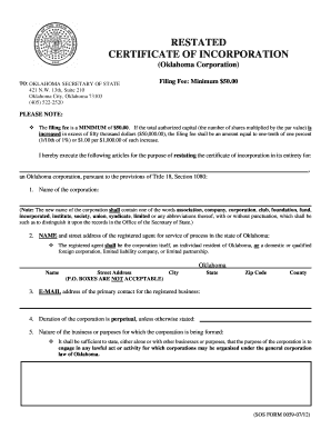 Oklahoma Certified Copy of Articles of Organization or Incorporation