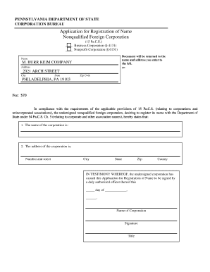 pennsylvannia application for registration of name nonqualified foreign corporation form