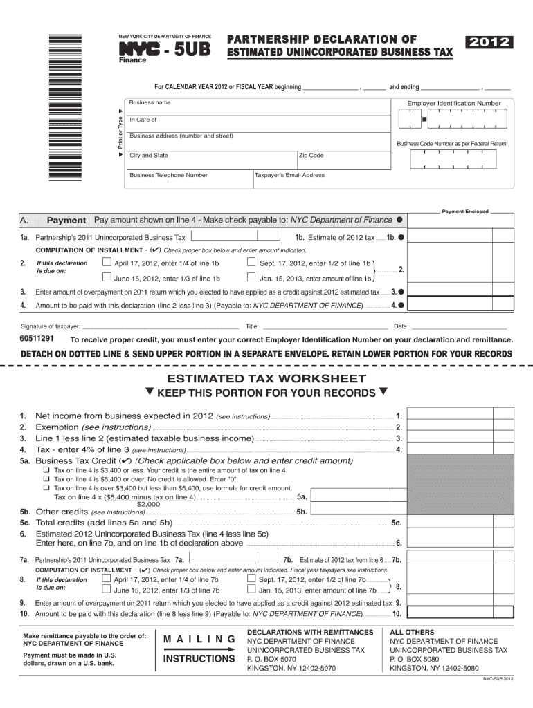 nyc 5ub 2012 form Preview on Page 1