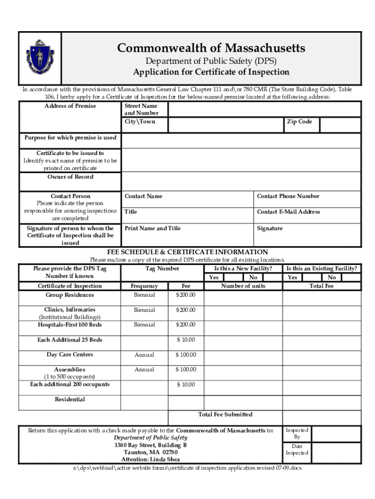 MA Application for Certificate of Inspection 21-21 - Fill and Throughout Certificate Of Inspection Template