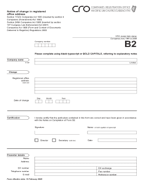 Form B2 - Notice of Change in Registered Office Address