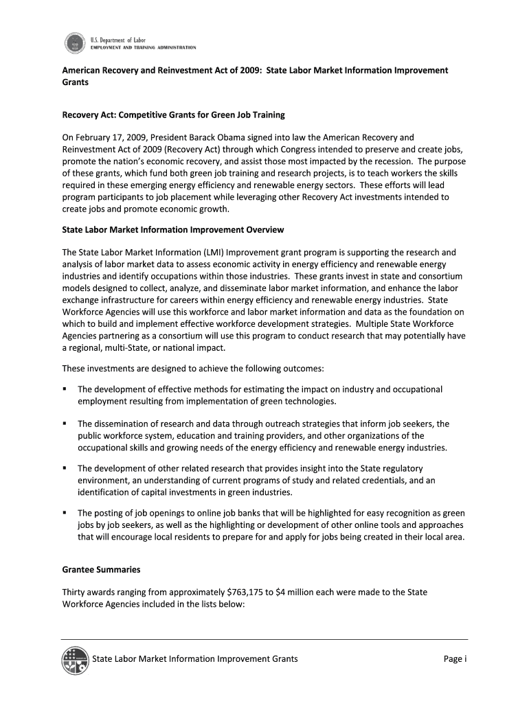 American Recovery and Reinvestment Act of 2009 State Labor Market Information Improvement Grants Rec Preview on Page 1