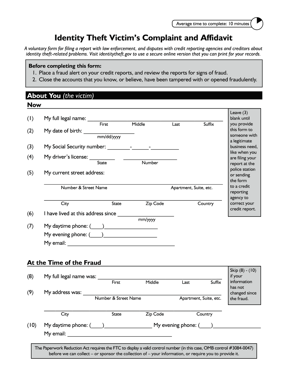 Identity Theft Affidavit Form PDF