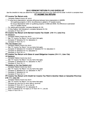 Bonus depreciation calculation - 2010 VERMONT RETURN FILING CHECKLIST VT INCOME TAX ... - tax vermont