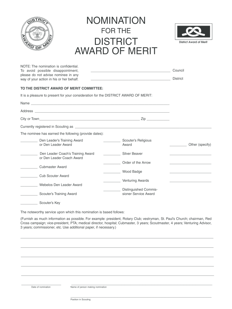 district award of merit nomination form Preview on Page 1