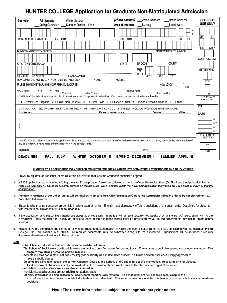 Hunter College Application Graduate Non Make Fill Online, Printable