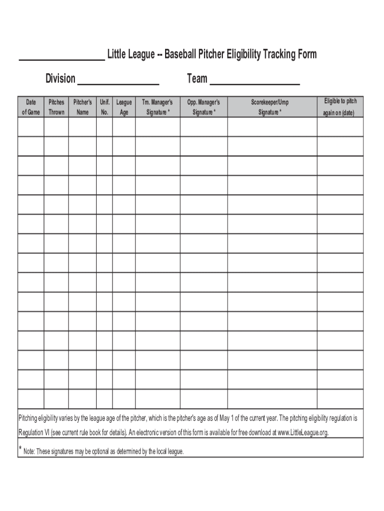 little league pitch count sheet Preview on Page 1.