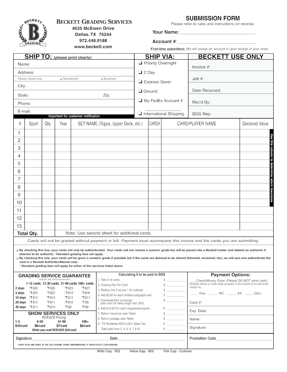 Beckett Grading Services Submission Form