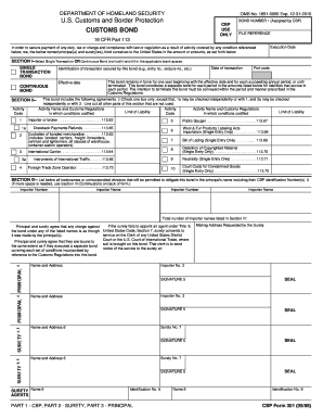 US Customs Bond Form 301