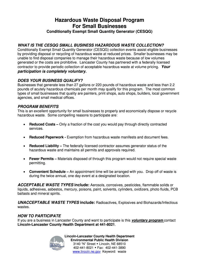 Fillable Online lincoln ne Hazardous Waste Disposal Program lincoln