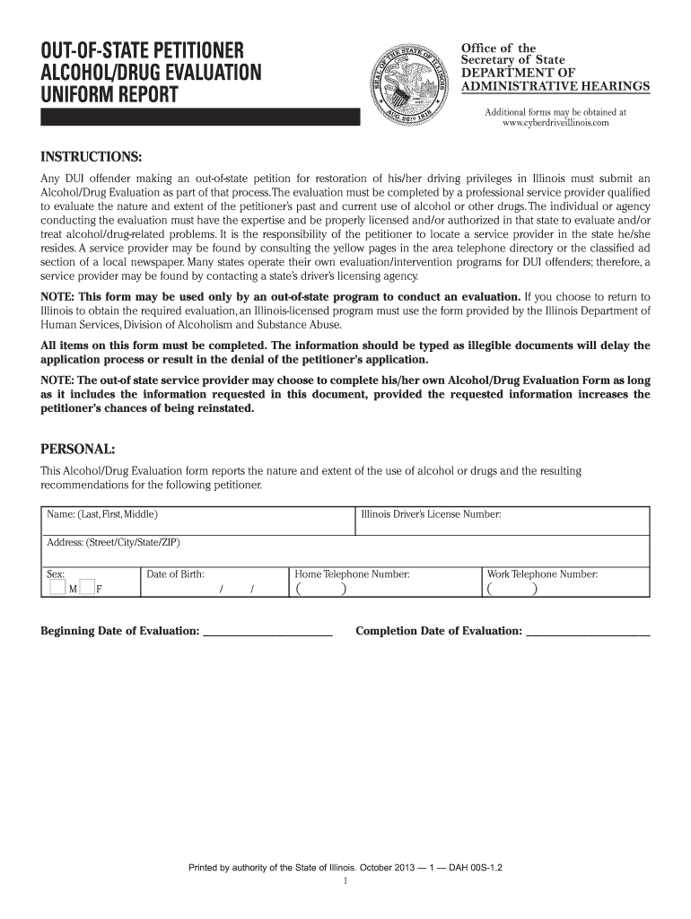 out of state petitioner alcoholdrug evaluation uniform report 2013 Preview on Page 1