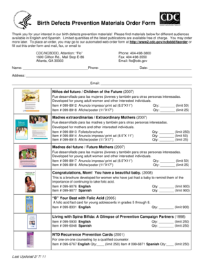 Birth Defects Prevention Materials Order Form