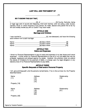 Kentucky Legal Last Will and Testament Form for a Widow or Widower with Adult Children