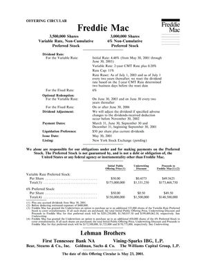 Variable-Rate And Preferred Stock Offering, 05/31/01 - Freddie Mac