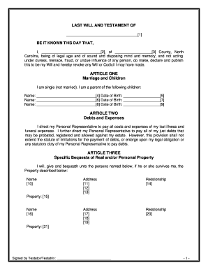 North Carolina Legal Last Will and Testament Form for a Single Person with Minor Children