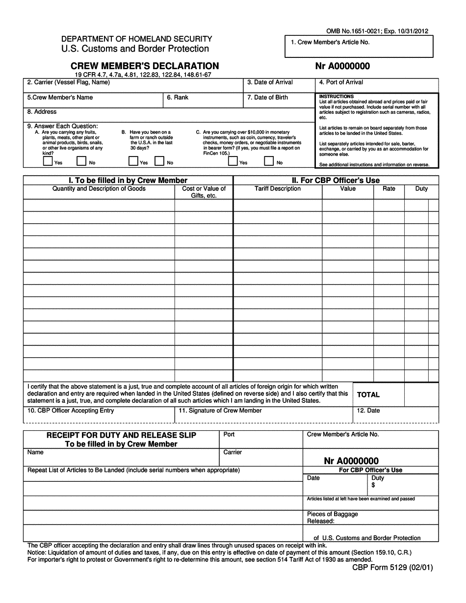 Form 5129 - Crew Member's Declaration And Instructions
