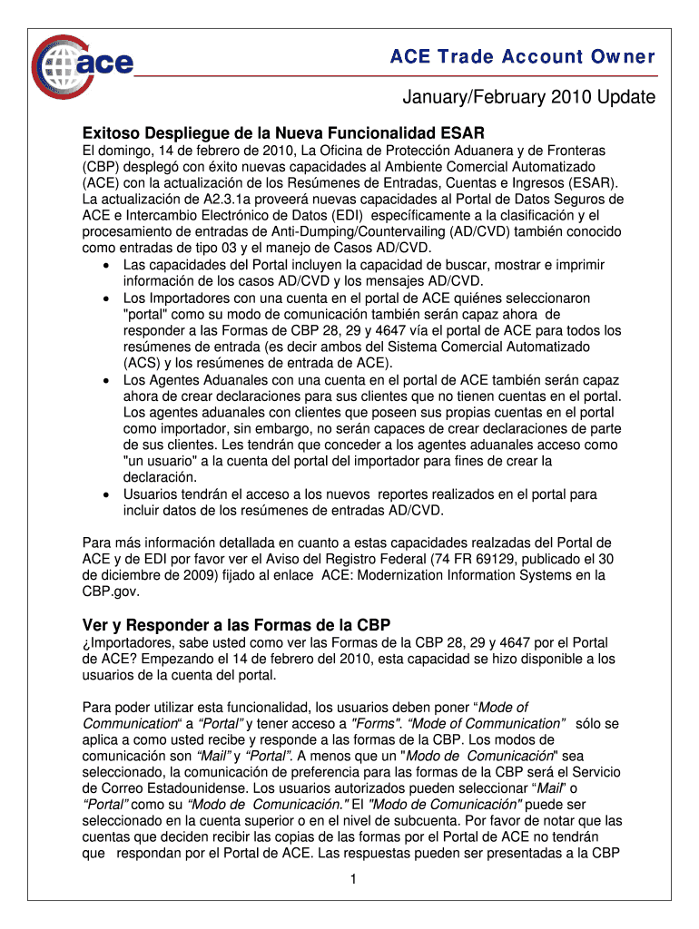 ACE Trade Account Owner January February 2010 Update - apps cbp Preview on Page 1