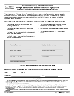 IRS Form 13615C Foreign Student and Scholar Volunteer Agreement