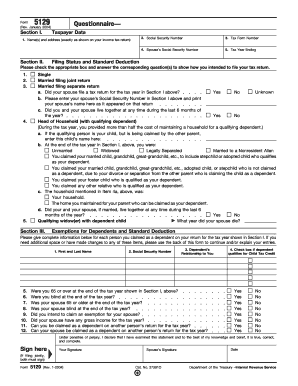 Form 5129 Taxpayer Questionnaire
