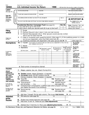 1999 Form 1040A US Individual Income Tax Return