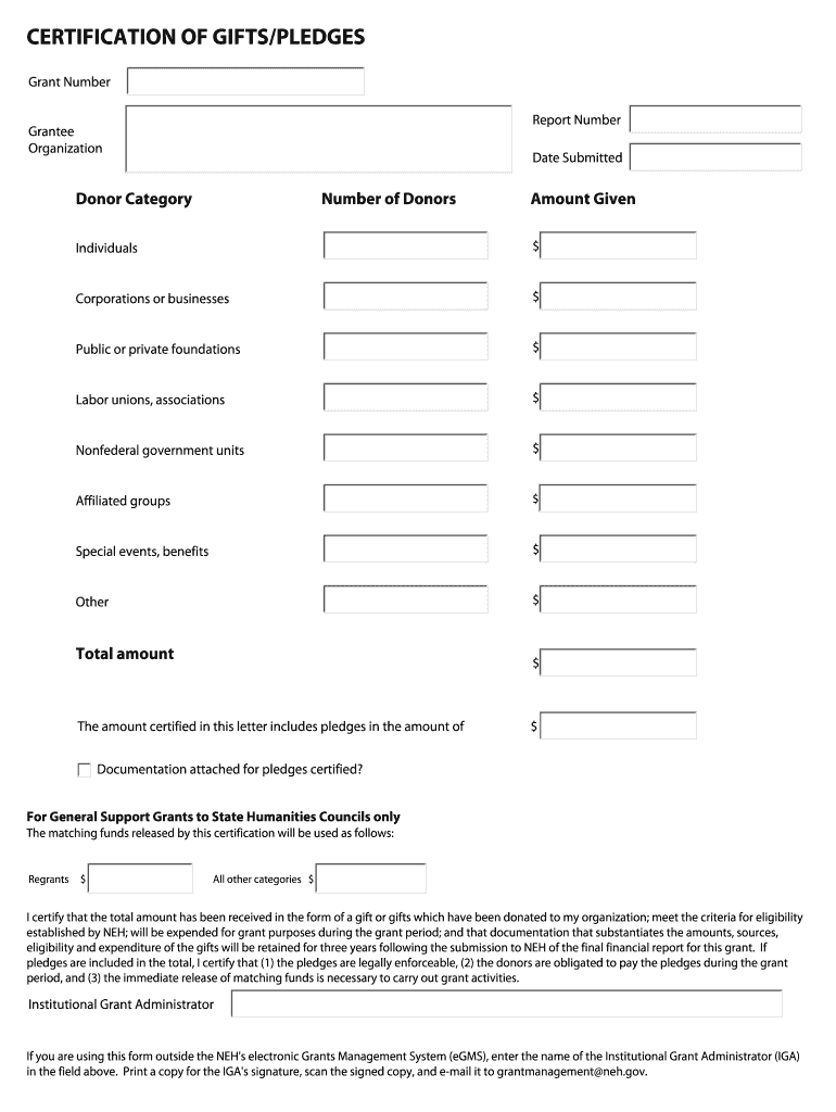 CERTIFICATION OF GIFTS/PLEDGES - neh Preview on Page 1