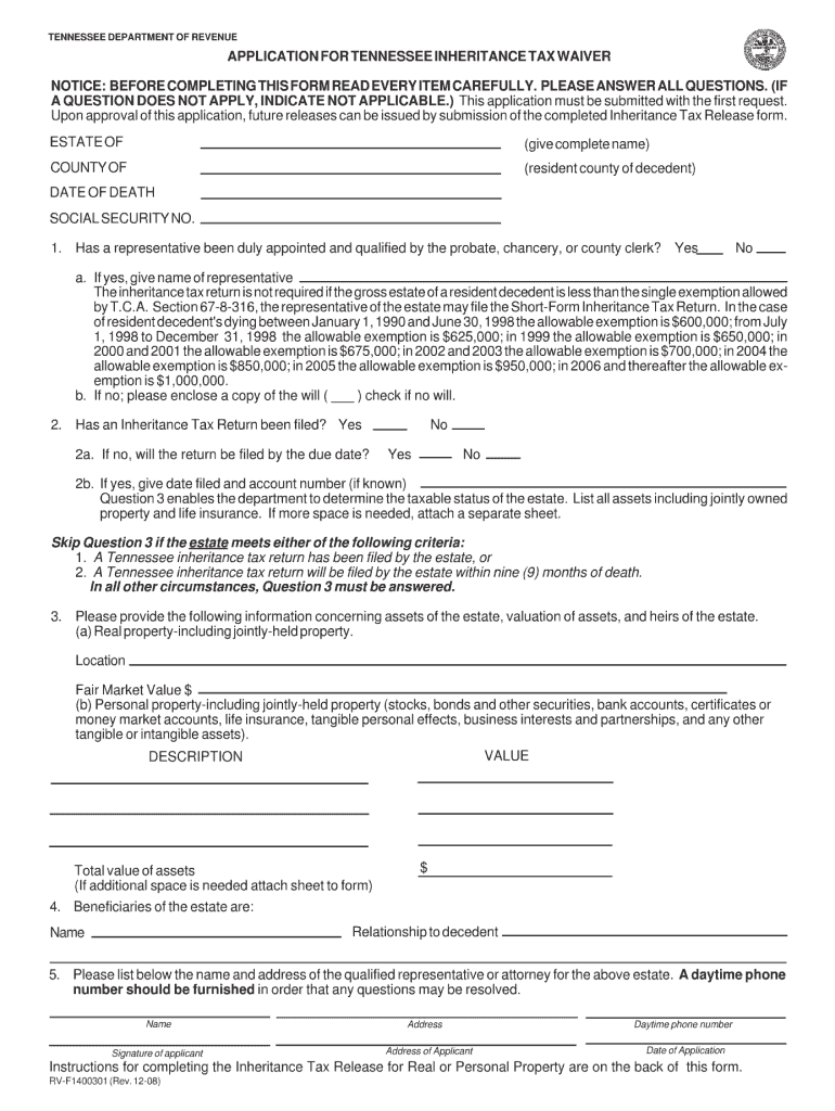 tennessee estate inheritance tax waiver 2008 form Preview on Page 1