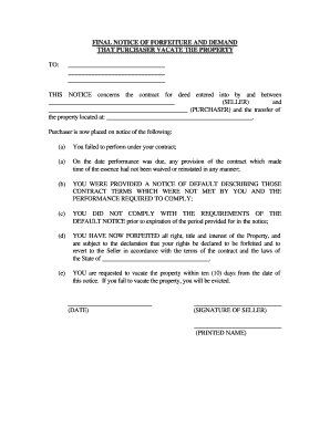 Ohio Final Notice of Forfeiture and Request to Vacate Property under Contract for Deed