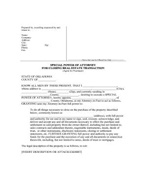 Simple power of attorney form - Oklahoma Special or Limited Power of Attorney for Real Estate Purchase Transaction by Purchaser