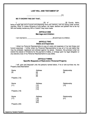 Idaho Legal Last Will and Testament Form for a Married Person with No Children