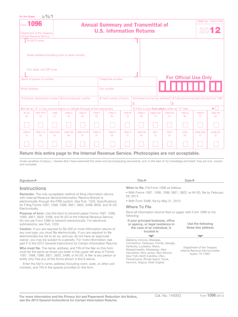 1096 2012 form Preview on Page 1.