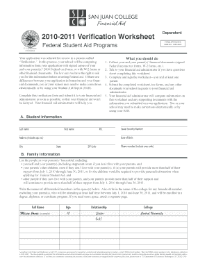2010-2011 Verification Worksheet Dependent