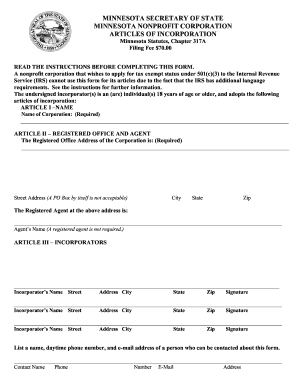 Minnesota Articles of Incorporation for Domestic Nonprofit Corporation