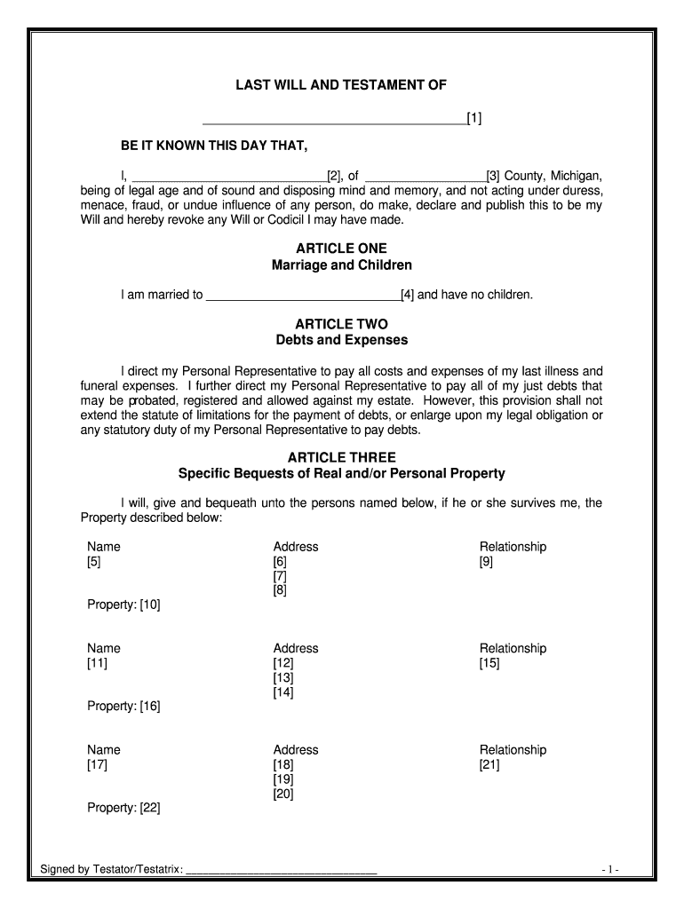 Michigan Legal Last Will and Testament Form for a Married Person with No Children Preview on Page 1