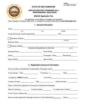 APPLICATION FOR LICENSURE AS A PROFESSIONAL GEOLOGIST