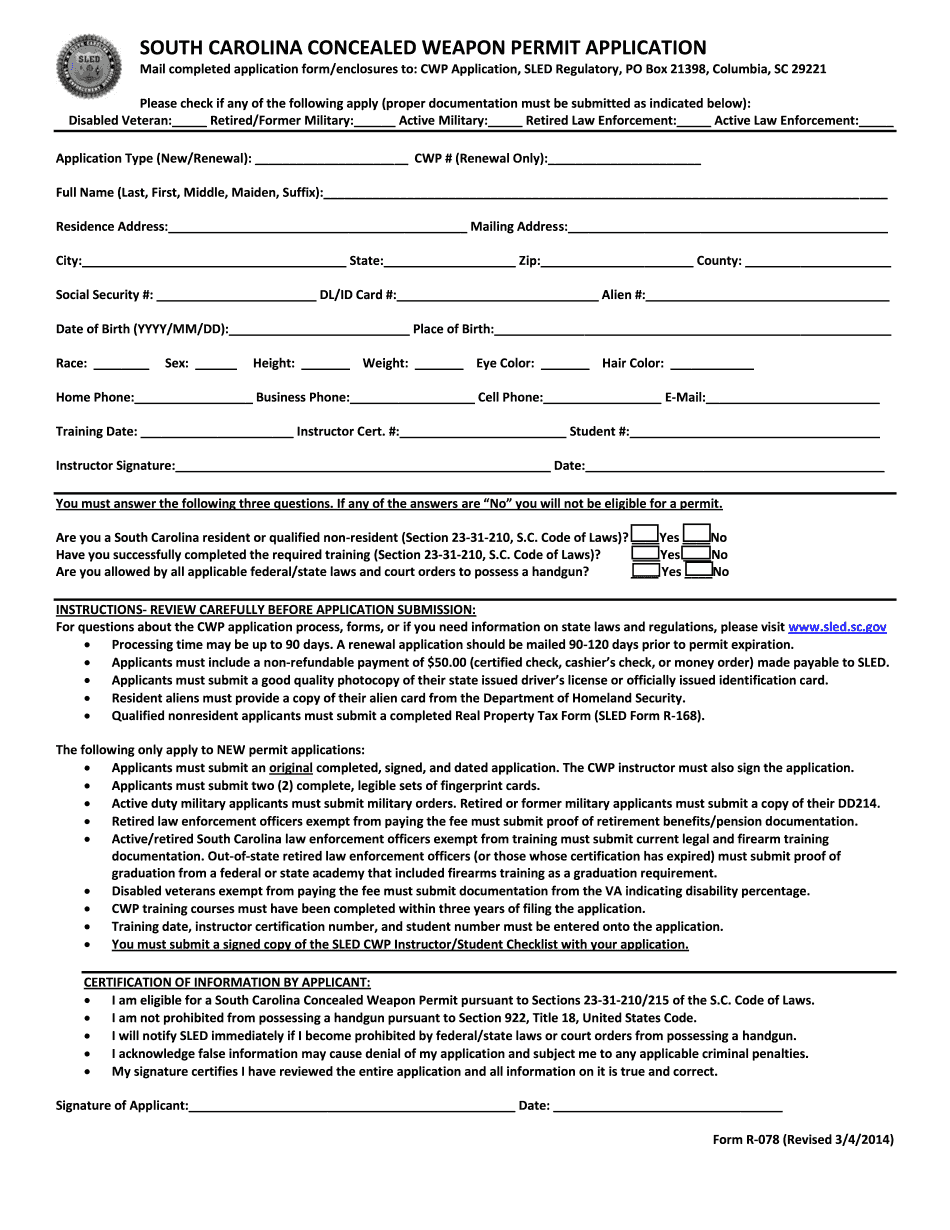SC Weapon Permit Application Form