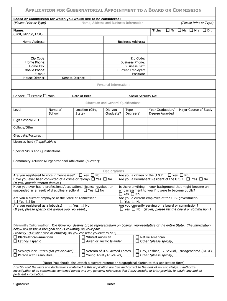 tennessee application for gubernatorial appointment to a board or commission Preview on Page 1.