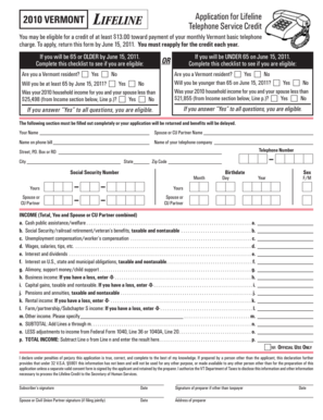 Vermont Lifeline Telephone Service Credit Application