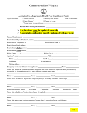 Virginia Food Establishment Permit Application