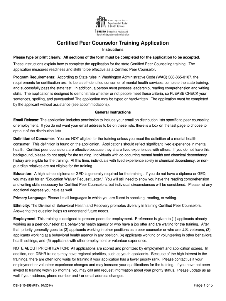 Application for Peer Counselor Training - DSHS - dshs wa Preview on Page 1